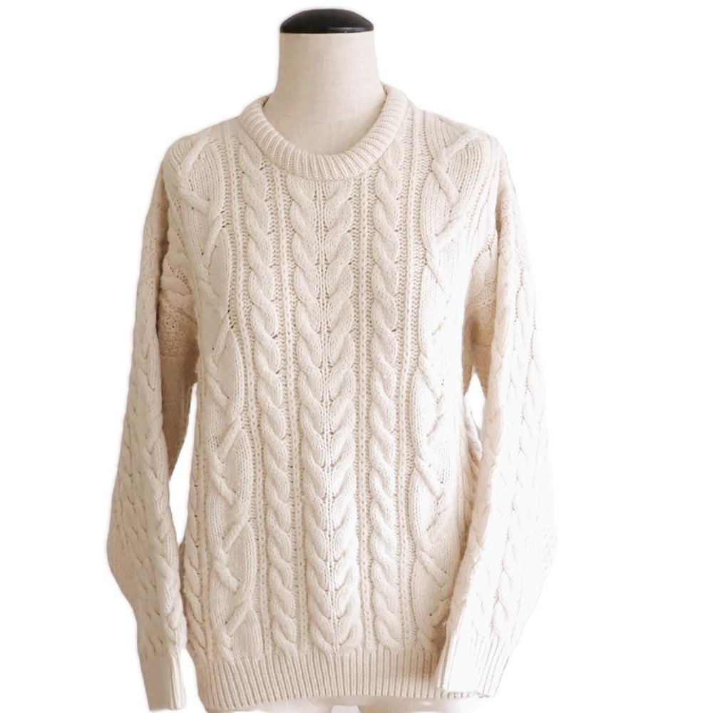 VTG Blarney Woolen Mills 100% Wool Fisherman Cable Knit Sweater in Cream Size S